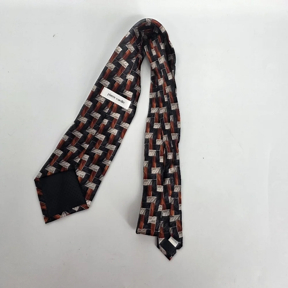 VINTAGE Pierre Cardin 100% Silk Tie Abstract Geometric Blue Burnt Orange